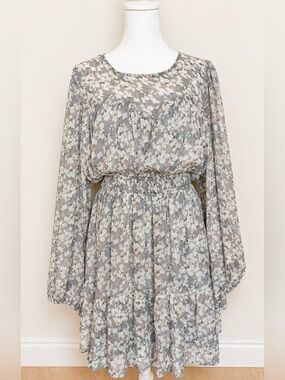 Arula Light Grey Floral Cinch-Waist Dress